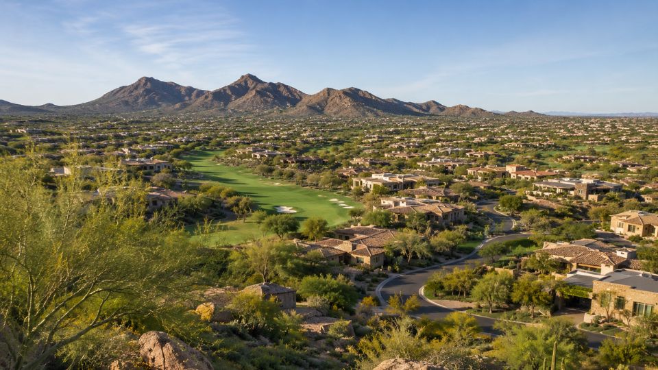 Aerial view of desert golf-course community with luxury homes, green fairways and rugged mountains under blue sky