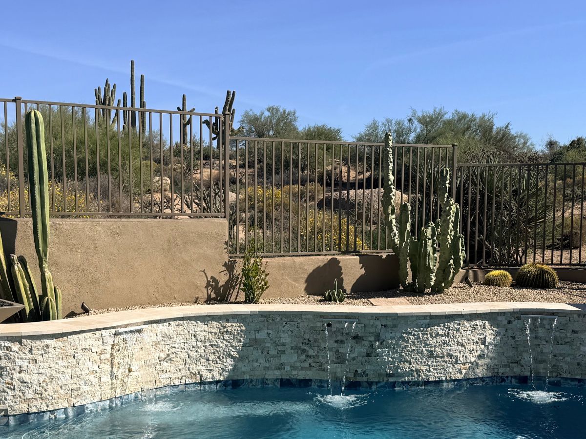 Desert backyard pool with stone waterfall, metal fence and various cacti under clear blue sky