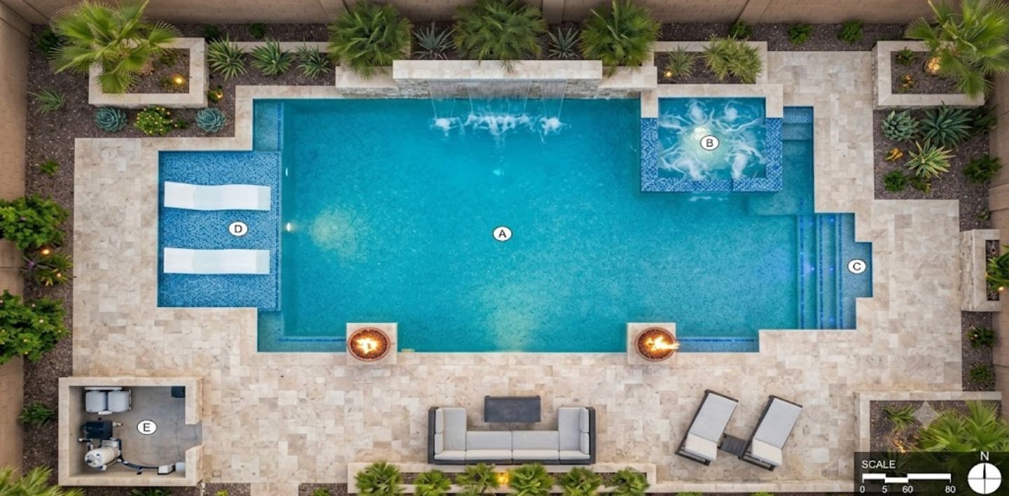 Aerial view of luxury backyard with rectangular pool, elevated spa, tanning ledge, fire bowls, travertine patio.