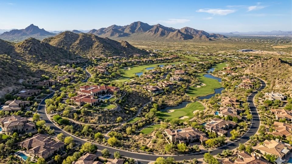 Aerial view of luxury desert golf community with villas, green fairways, water hazards and rugged mountain backdrop